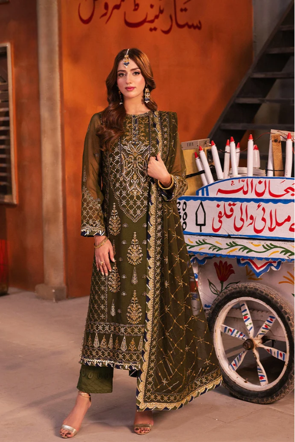 Deep Olive Green & Antique Gold: Embroidered Chiffon Suit