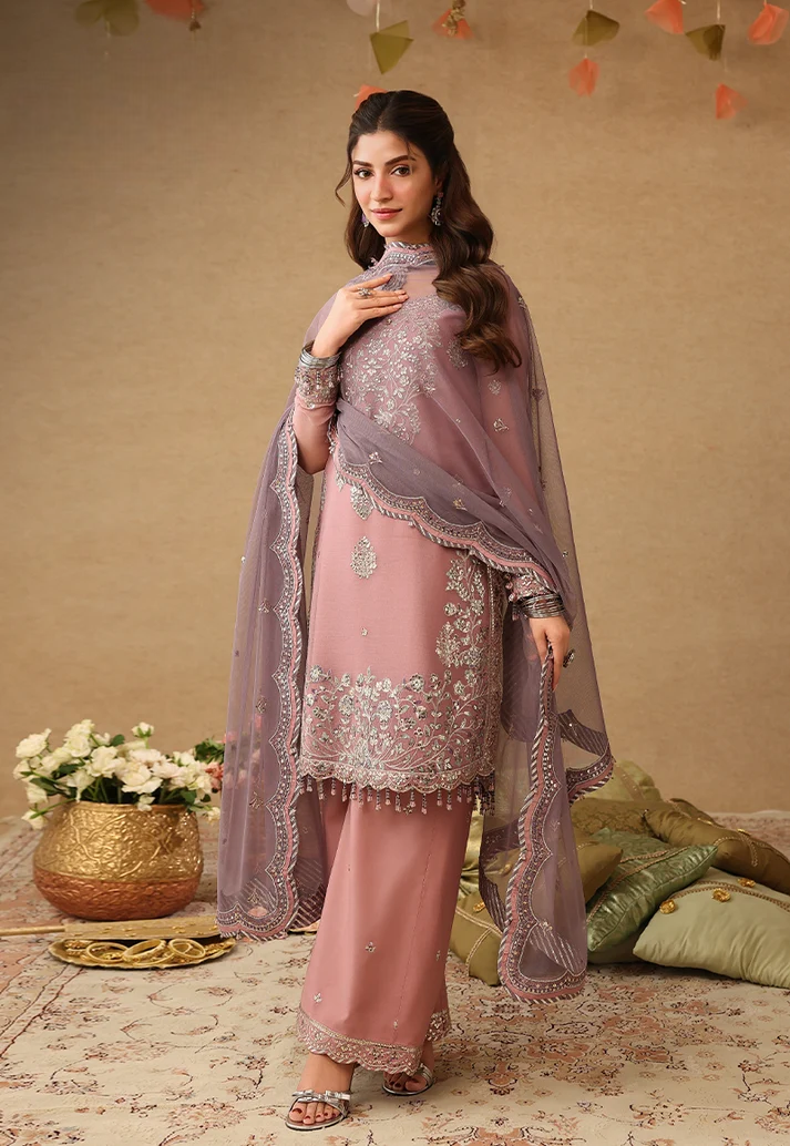 Mauve Pink & Metallic Silver: Embroidered Chiffon Suit