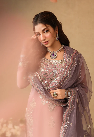 Mauve Pink & Metallic Silver: Embroidered Chiffon Suit