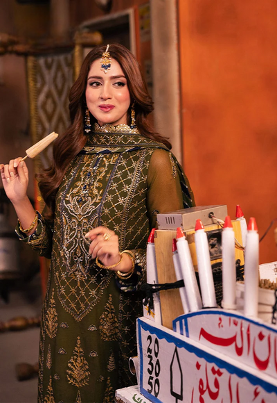 Deep Olive Green & Antique Gold: Embroidered Chiffon Suit