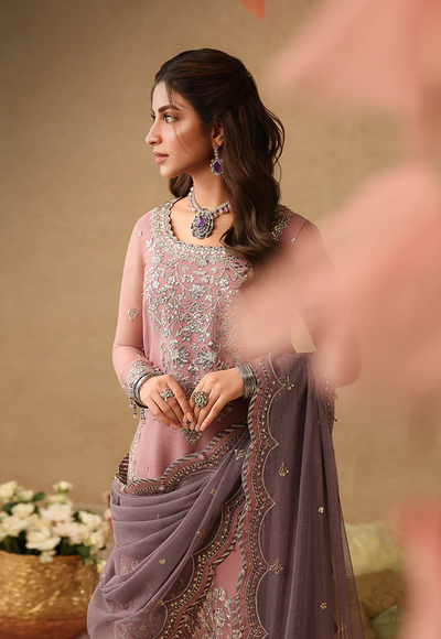 Mauve Pink & Metallic Silver: Embroidered Chiffon Suit