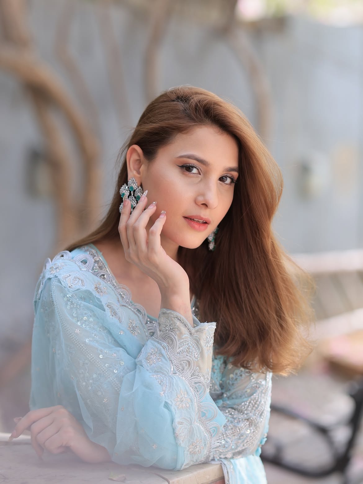 Serene Sky Blue & Silver Accent: Embroidered Net Maxi