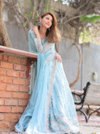 Serene Sky Blue & Silver Accent: Embroidered Net Maxi
