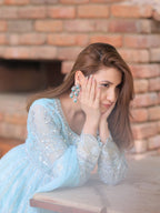 Serene Sky Blue & Silver Accent: Embroidered Net Maxi
