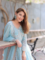 Serene Sky Blue & Silver Accent: Embroidered Net Maxi