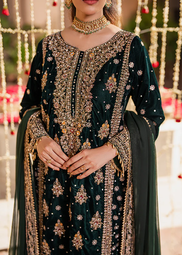 Emerald Green & Antique Gold: Embroidered Velvet Suit