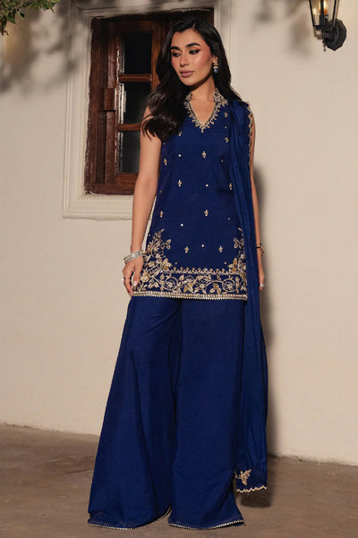 Deep Navy Blue: Silk Embroidered Short Shirt & Wide Palazzo | Ready To Wear