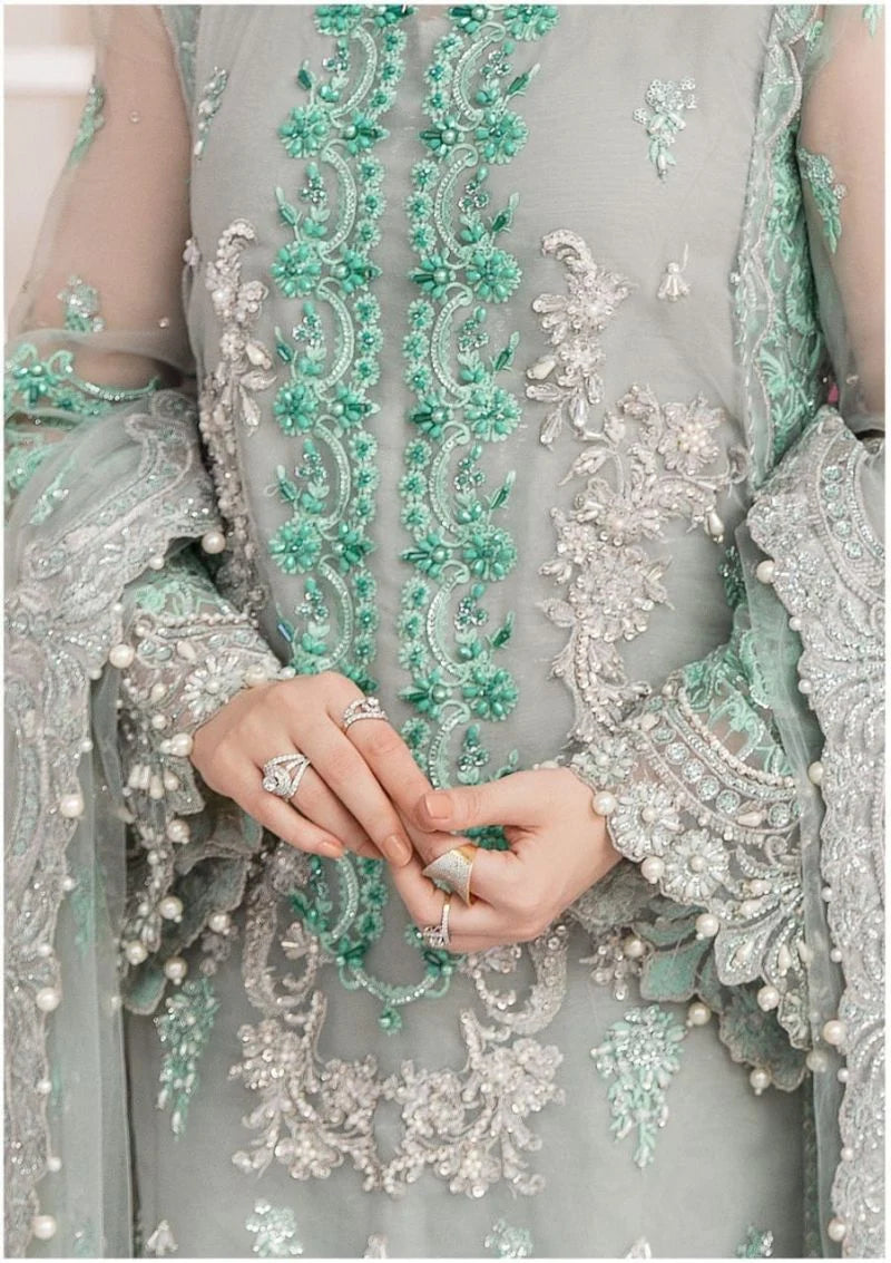 Ice Grey & Pastel Seafoam Mint: Embroidered Organza Suit