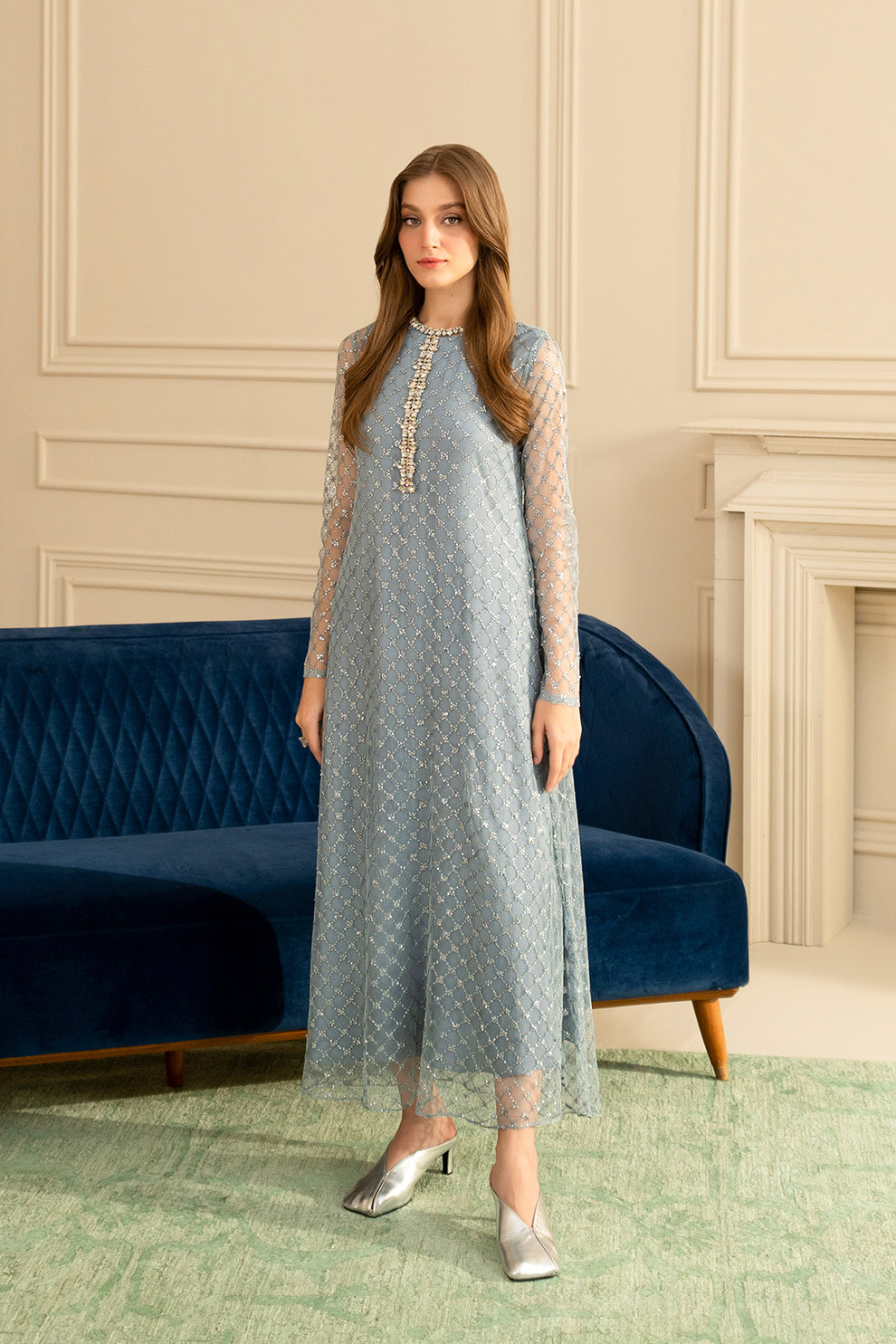 3 Piece Stitched Net Silk Suit - Ready To Wear