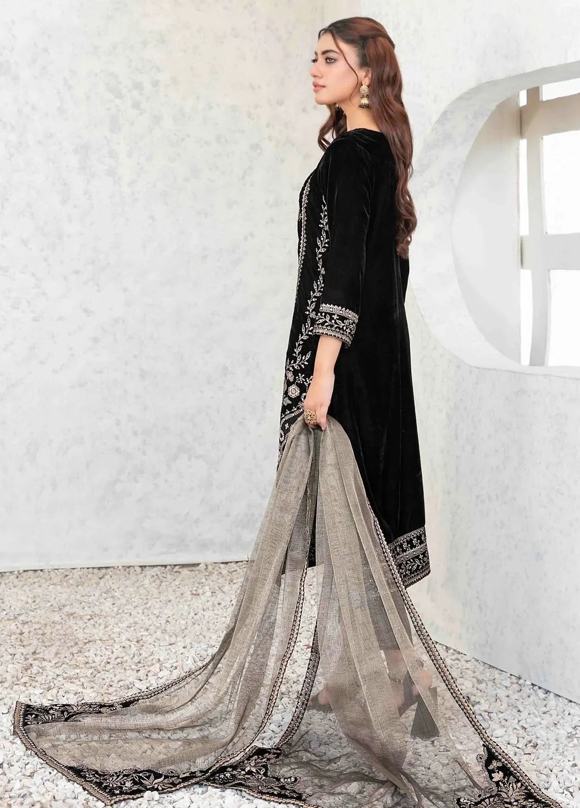 Jet Black & Metallic Silver: Embroidered Velvet Suit